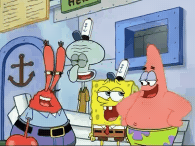 Cartoon Characters Sitting At Tables In Dark Room GIF