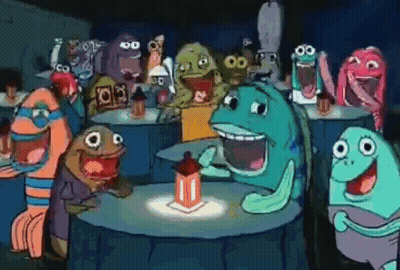 Cartoon Characters Sitting At Tables In Dark Room GIF
