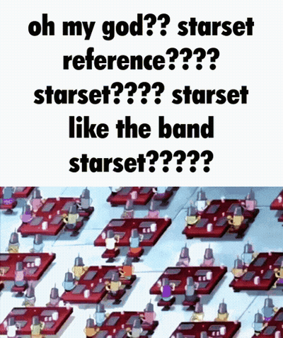 Cartoon Characters Sitting At Tables Oh My God Starset Reference GIF
