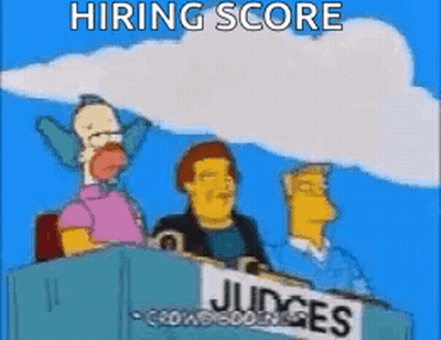 Cartoon Characters Sitting In Front Of Hiring Score Sign GIF