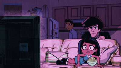 Cartoon Characters Sitting On Couch With Popcorn GIF