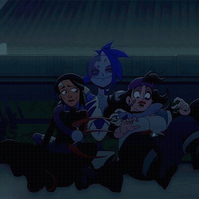 Cartoon Characters Sitting On Ground One With Purple Hair GIF