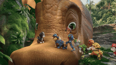 Cartoon Characters Standing Around Large Dinosaur Head GIF