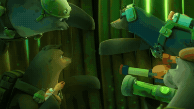 Cartoon Characters Standing Around Large Green Frog GIF