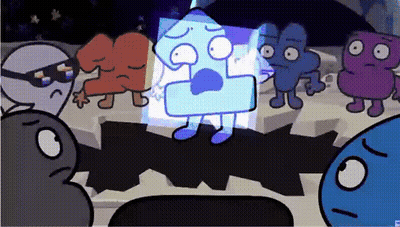 Cartoon Characters Standing Around Sad Blue Cube GIF