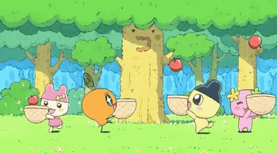 Cartoon Characters Standing Around Tree Holding Bowls Of Food GIF