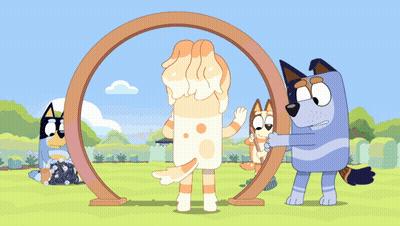 Cartoon Characters Standing Around Wooden Arch GIF