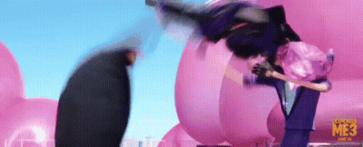Cartoon Characters Standing Beside Pink Balloon GIF