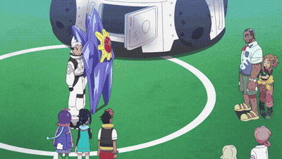 Cartoon Characters Standing In Circle In Front Of Blue And White Object GIF
