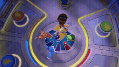 Cartoon Characters Standing In Circle Surrounded By Buttons Saying X GIF
