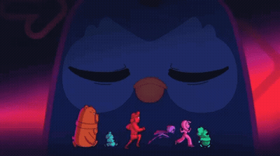 Cartoon Characters Standing In Front Of Giant Purple Bird GIF