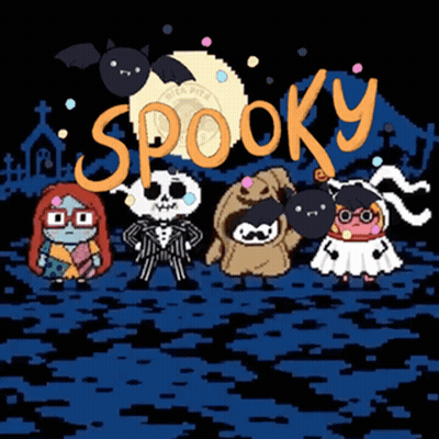 Cartoon Characters Standing In Front Of Spooky Sign GIF