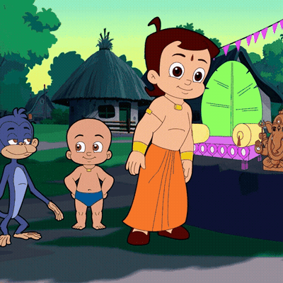 Cartoon Characters Standing In Front Of Thatch Hut GIF