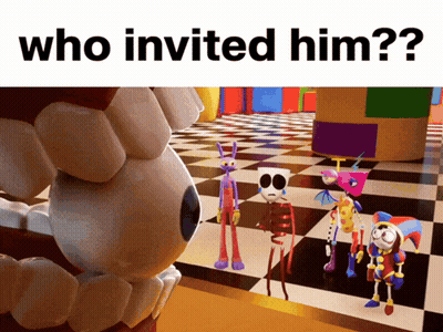 Cartoon Characters Standing In Room Saying Who Invited Him GIF
