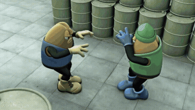 Cartoon Characters Standing Next To Barrels GIF