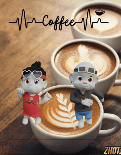 Cartoon Characters Standing Next To Cup Of Coffee Saying Coffee GIF
