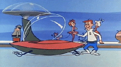 Cartoon Characters Standing Next To Rocket Ship GIF