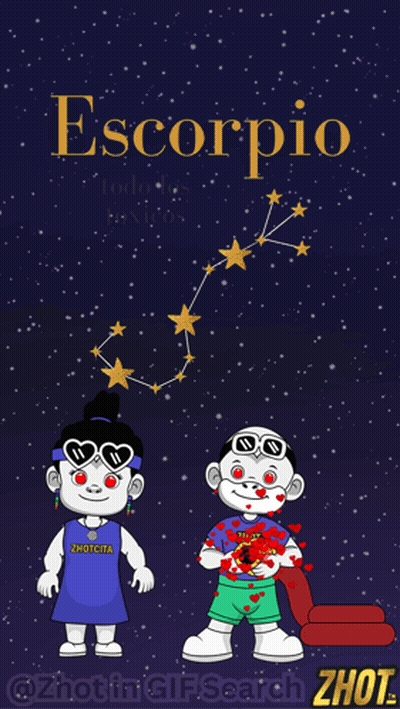Cartoon Characters Standing Next To Scorpio Constellation GIF