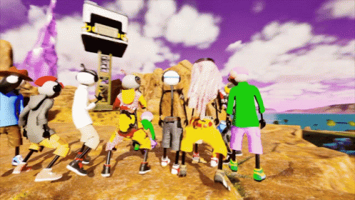 Cartoon Characters Standing On Rock In Front Of Sign Saying A GIF