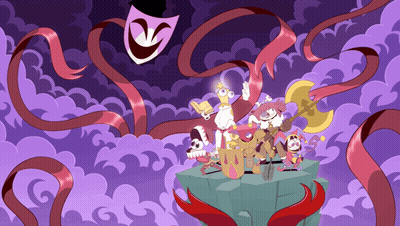 Cartoon Characters Standing On Rock Purple Background GIF
