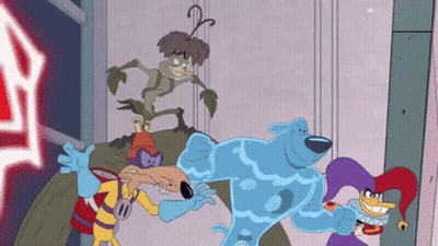 Cartoon Characters Standing Together In A Room GIF