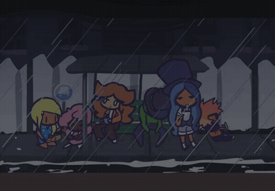 Cartoon Characters Under Bus Stop In Rain GIF