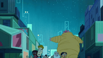 Cartoon Characters Walking Down Street With Number 7 GIF