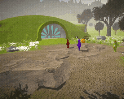 Cartoon Characters Walking In Front Of Green Building GIF