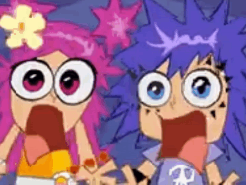 Cartoon Characters With Big Eyes Standing Together GIF