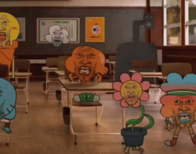 Cartoon Characters With Faces On Desks GIF