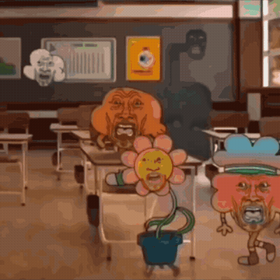 Cartoon Characters With Faces On Faces In Classroom GIF
