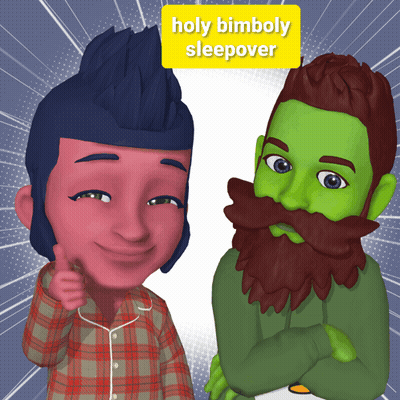 Cartoon Characters With Holy Bimboly Sleepover Sign GIF