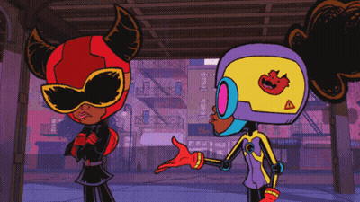 Cartoon Characters With Tomato Helmet GIF