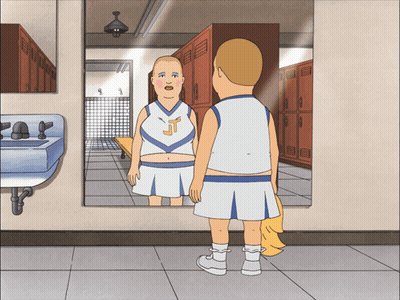 Cartoon Cheerleader Looking In Mirror GIF