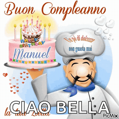 Cartoon Chef Holding Pink Birthday Cake For Manuel GIF