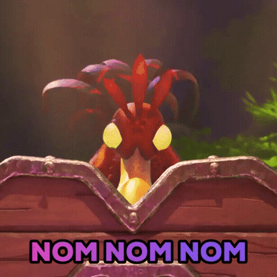 Cartoon Chicken Peeking Out Of Treasure Chest Saying Nom Nom Nom GIF