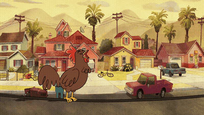 Cartoon Chicken Standing on Road in Front of Houses