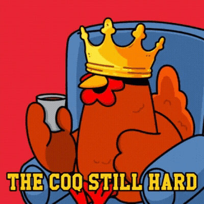 Cartoon Chicken Wearing Crown Holding Coffee GIF