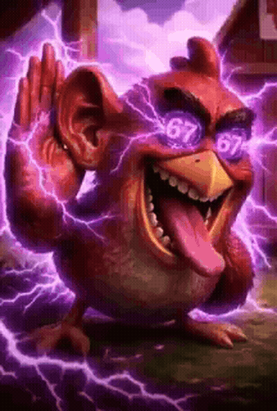 Cartoon Chicken Wearing Glasses With Number 67 Waving GIF
