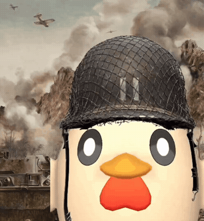 Cartoon Chicken Wearing Military Helmet With Letter N GIF