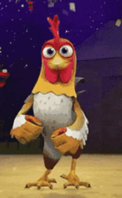 Cartoon Chicken With Big Eyes And Red Crest Standing On Wooden Floor GIF