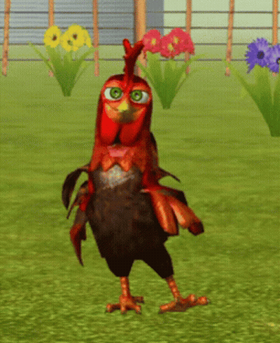 Cartoon Chicken With Green Eyes In Grassy Field GIF