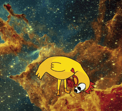 Cartoon Chicken With Red Crest In Front Of Galaxy GIF