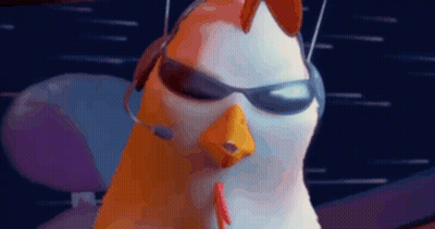 Cartoon Chicken With Sunglasses And Headphones Looking At Camera GIF