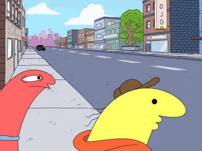 Cartoon City Street With Yellow Sign Saying Ojo GIF