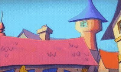 Cartoon City With Trumpet On Roof GIF