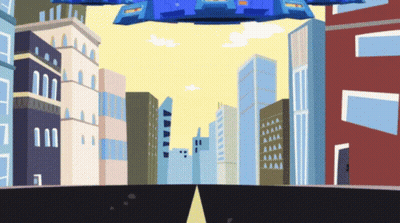 Cartoon City With Yellow Arrow Pointing Down Road GIF