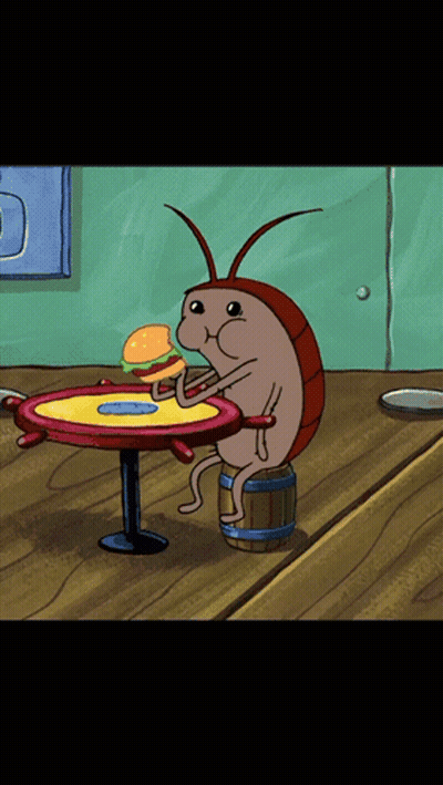 Cartoon Cockroach Sitting At Table With Hamburger GIF