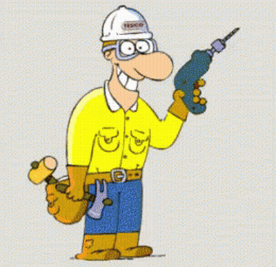 Cartoon Construction Worker Holding Drill And Tool Bag GIF