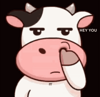 Cartoon Cow Covering Nose Saying Hey You GIF